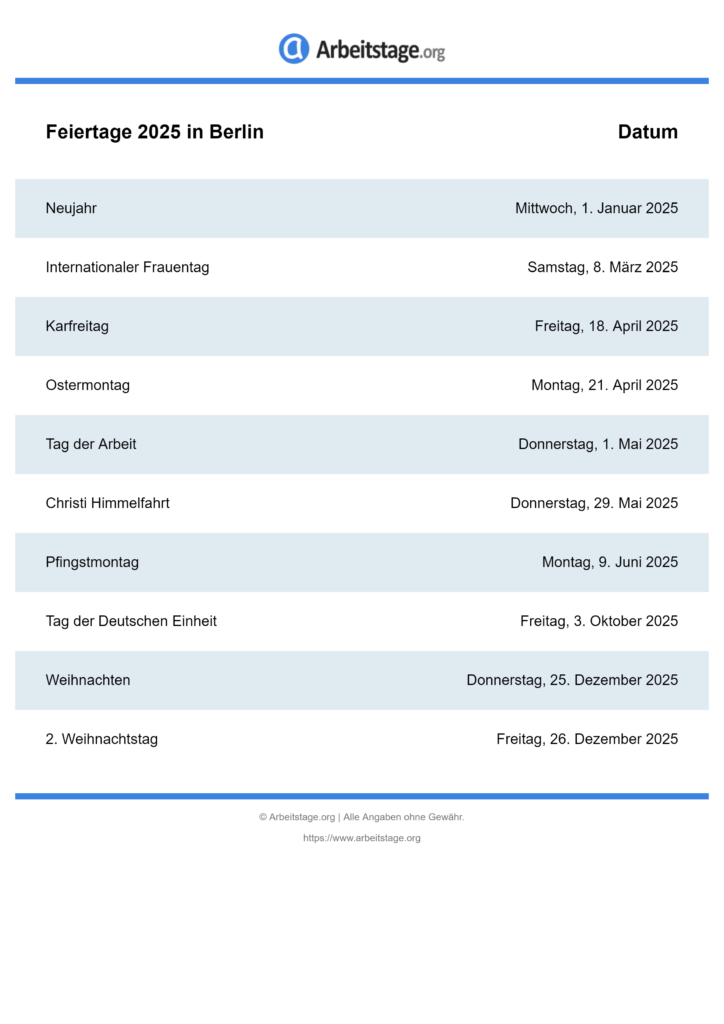 Feiertage 2025 in Berlin • Termine & Infos