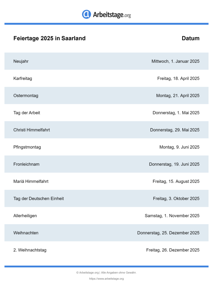 Feiertage 2025 in Saarland • Termine & Infos