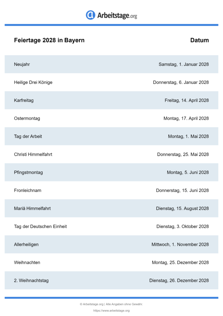 Feiertage 2028 in Bayern • Termine & Infos