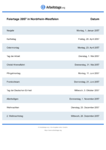 Feiertage Nordrhein-Westfalen 2057 DIN A0