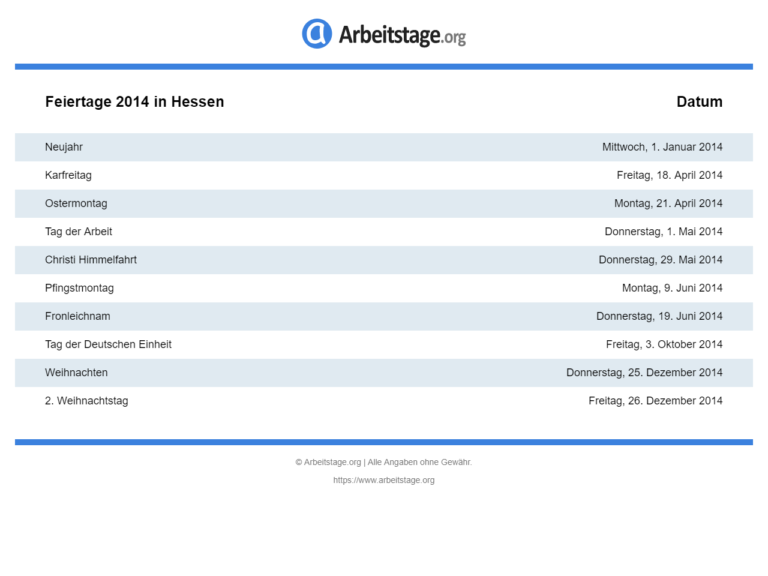 Feiertage 2014 in Hessen • Termine & Infos