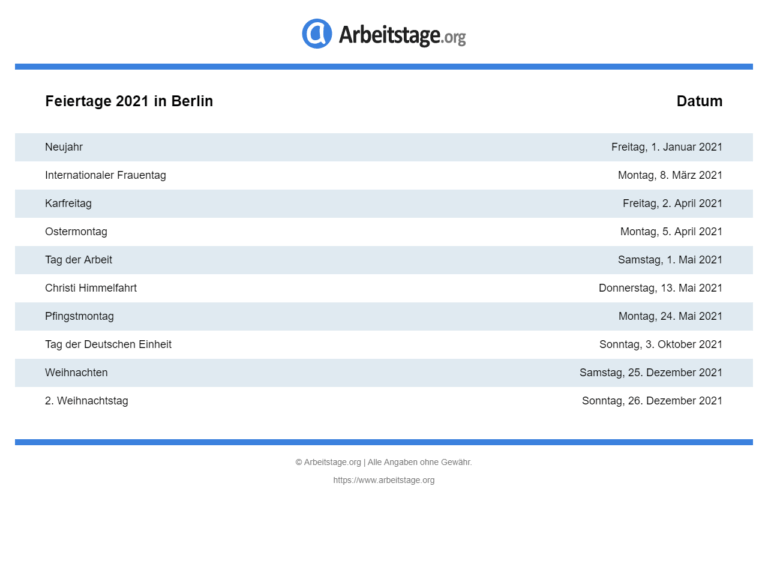 Feiertage 2021 in Berlin • Termine & Infos