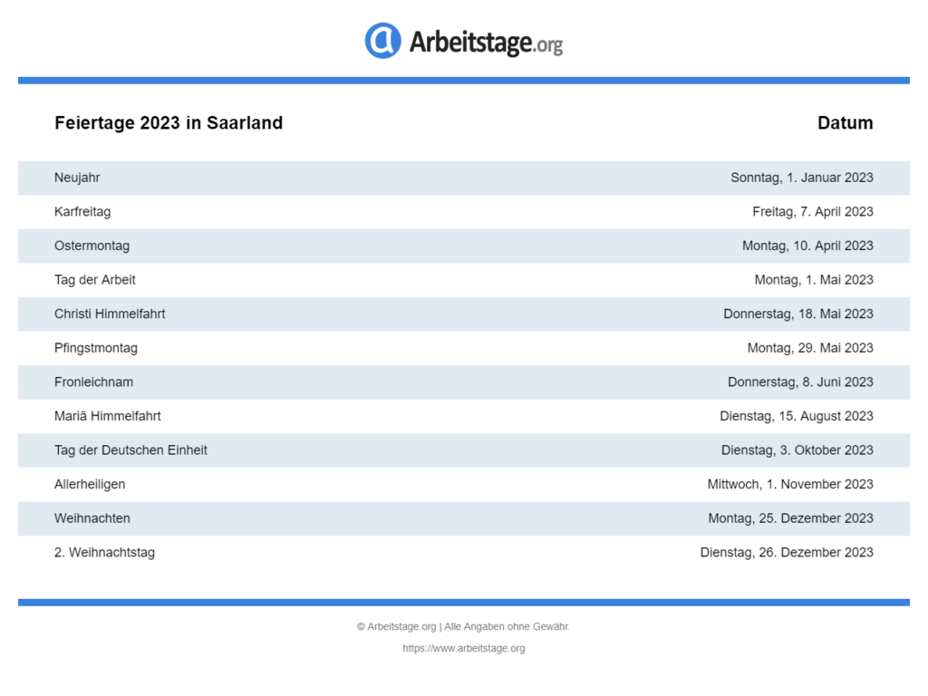 Feiertage 2023 in Saarland • Termine & Infos