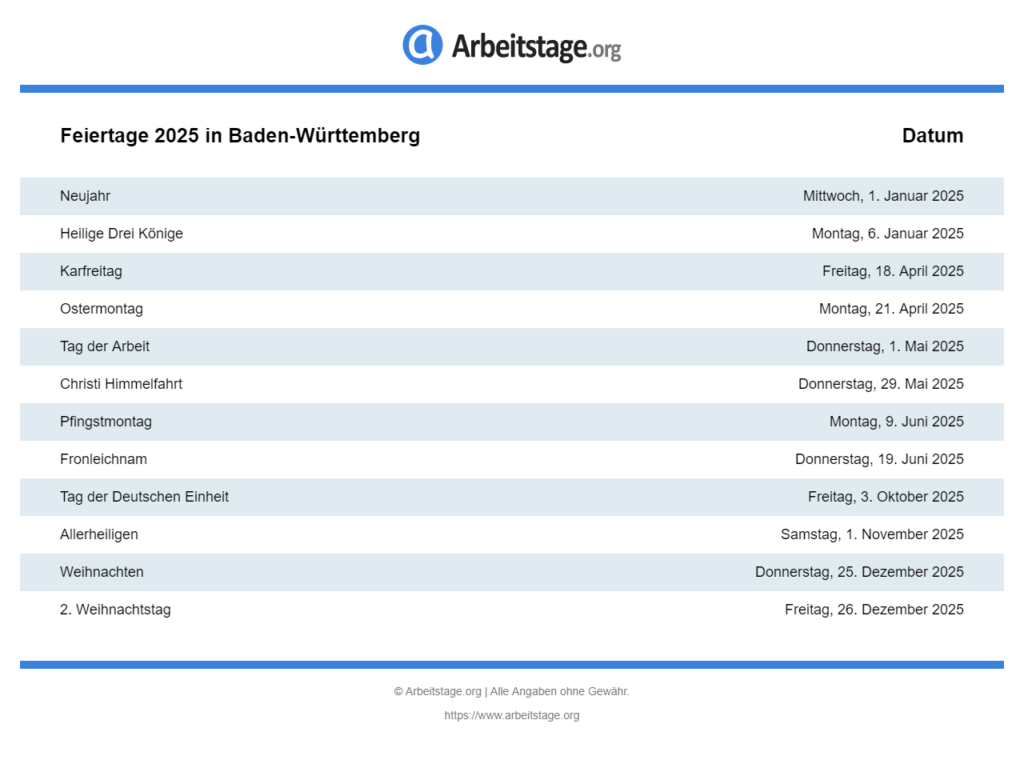 Feiertage BadenWürttemberg 2025 in Deutschland