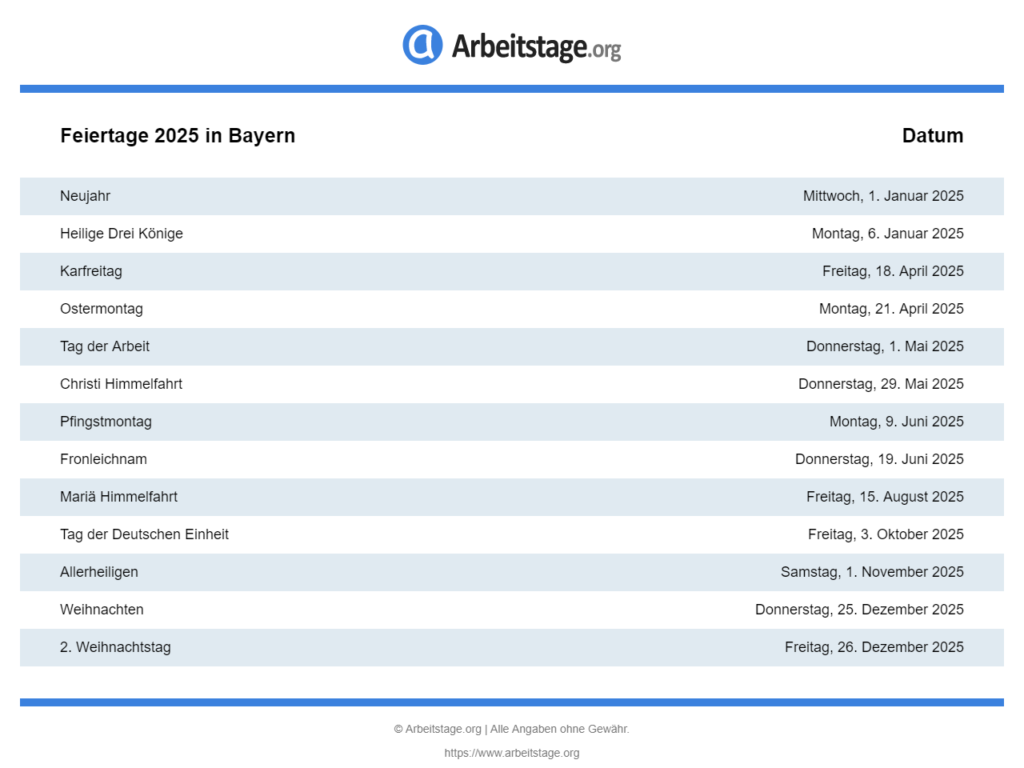 Feiertage 2025 in Bayern • Termine & Infos