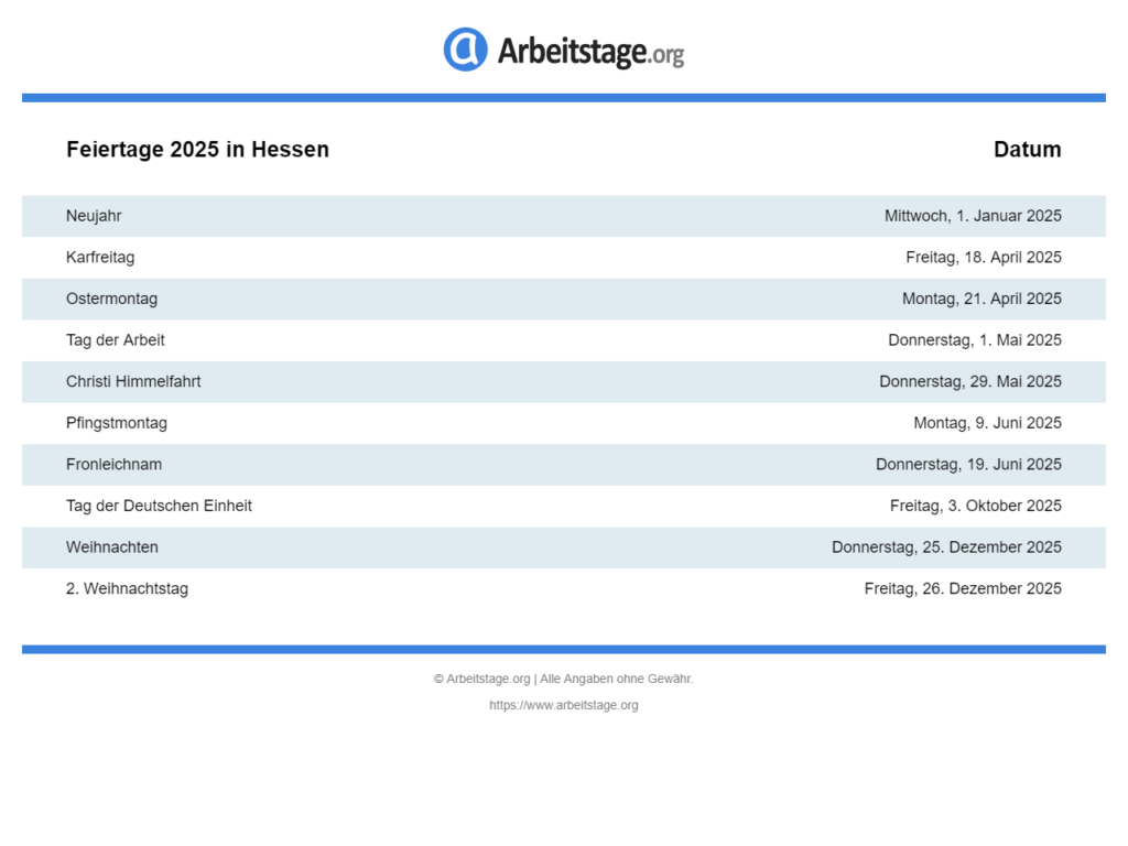 Feiertage 2025 in Hessen • Termine & Infos