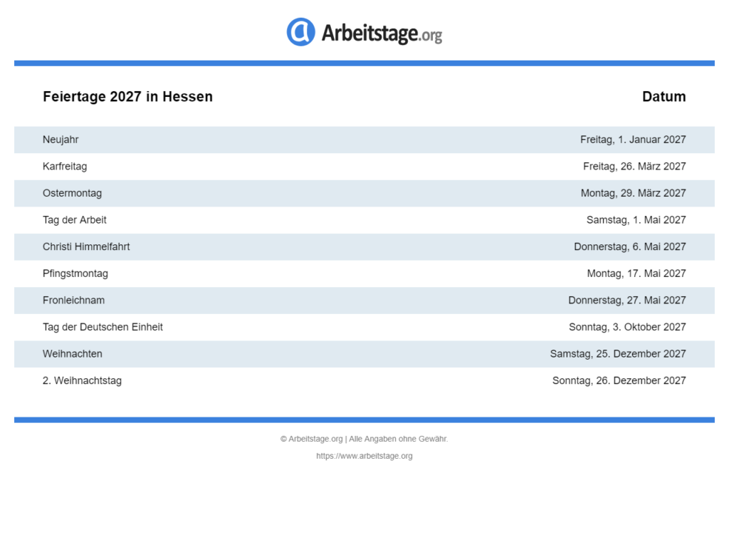 Feiertage 2027 in Hessen • Termine & Infos