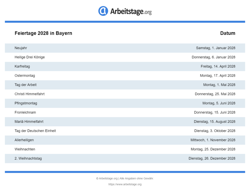 Feiertage 2028 in Bayern • Termine & Infos